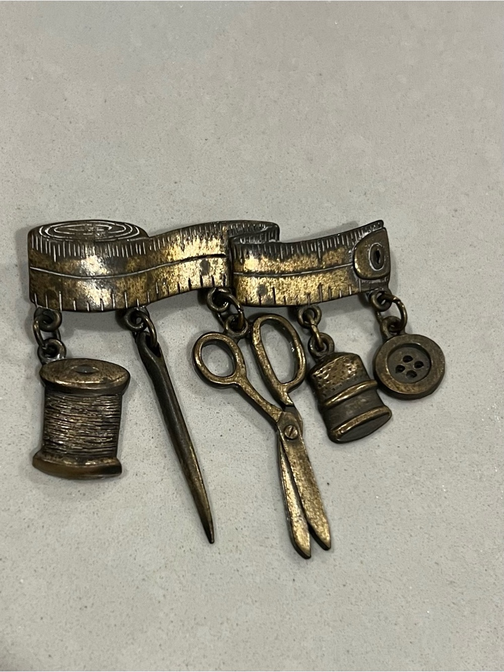 Vintage  Brass Sewing Tools Charm Brooch - Brass finish